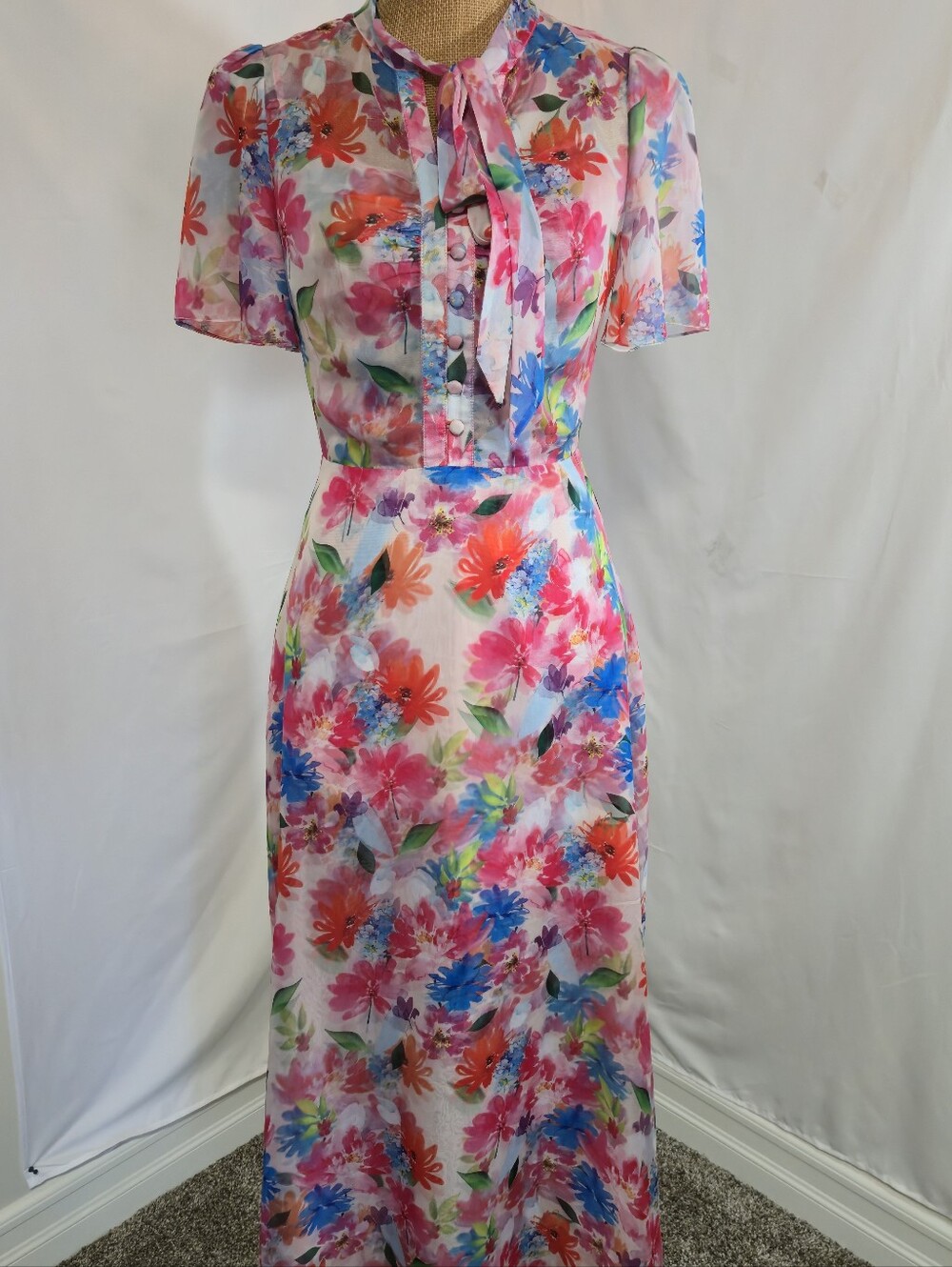 Vintage Pink Multi Floral Tie-Neck Maxi Dress